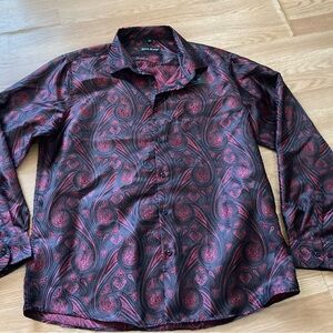 Men's Barry Wang Paisley Button-Up Shirt XL Black and Burgundy Poly/Silk New